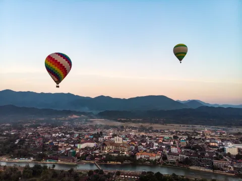 Sunset City View Hot Air Balloon Over Vang Vieng