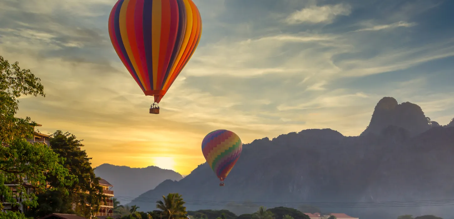 Sunrise City View Hot Air Balloon Over Vang Vieng
