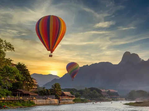 Sunrise City View Hot Air Balloon Over Vang Vieng